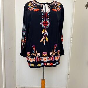 Mexican ethnic embroidered black flowy designer neck tied blouse M festive
